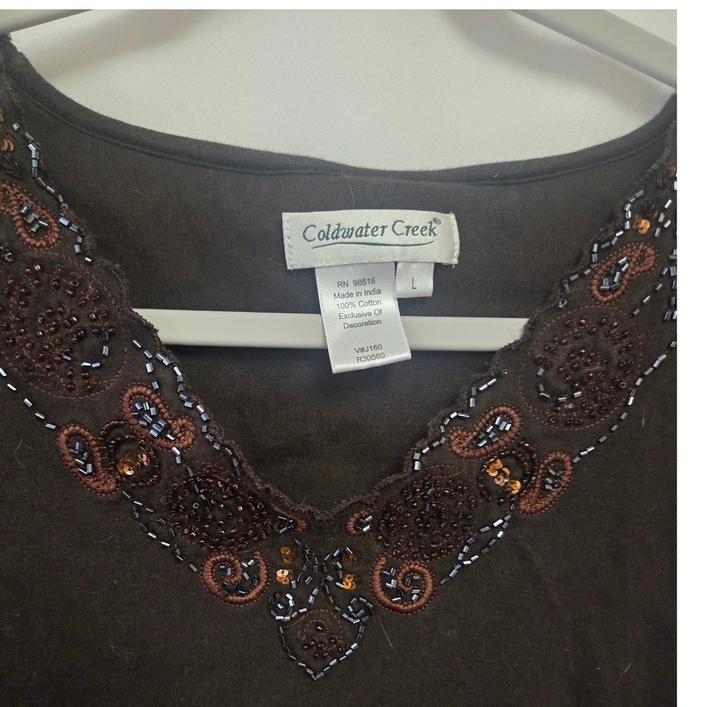 Coldwater Creek Brown Beaded V-Neck Cotton Knit Top 3/4 Sleeve‎ Womens Large - Picture 2 of 6